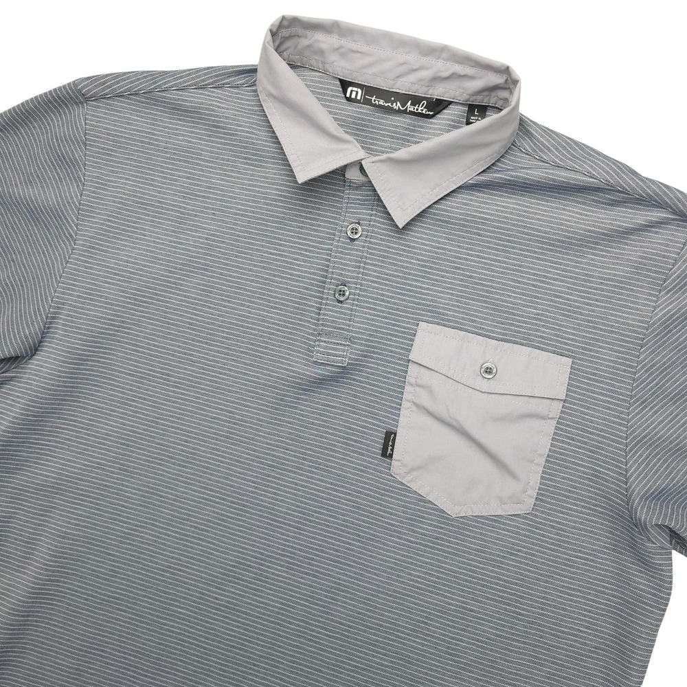 Travis Mathew Polo Shirt Mens Large Gray Stripe Pocket Golf‎ Cotton Blend Casual